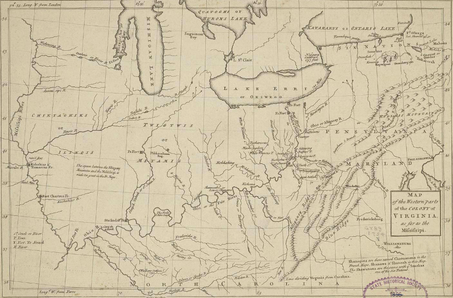 the map published in 1754 with The Journal of Major George Washington showed Virginia's claims westward to the Mississippi River