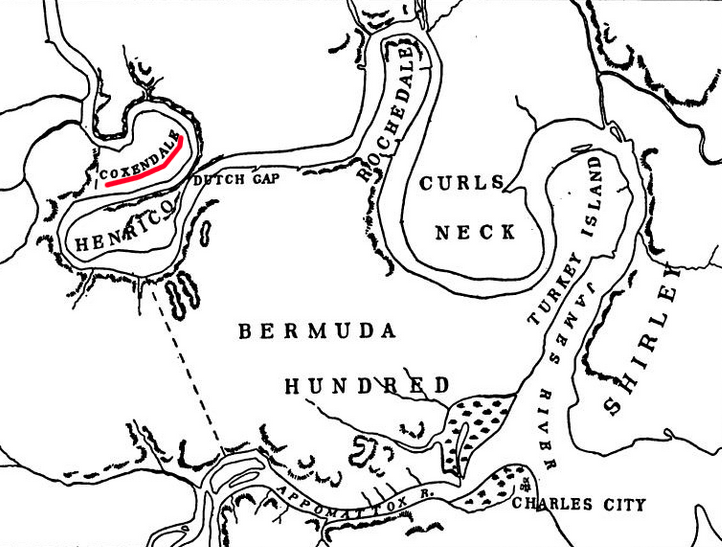 Mount Malady and Rock Hall were constructed at Coxendale, across the James River from Henricus
