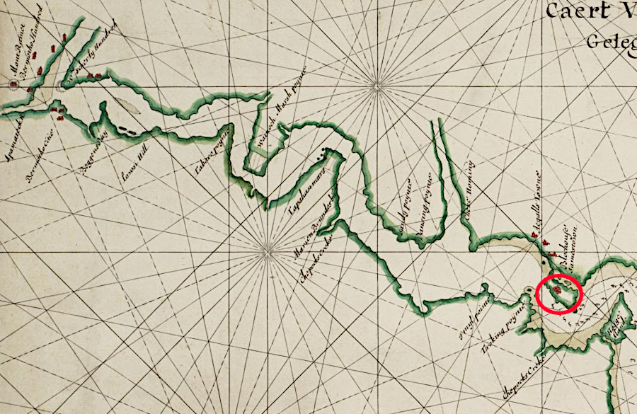 Sir Thomas Dale developed plantations near the mouth of the Appomattox River, upstream from Jamestown (red circle)