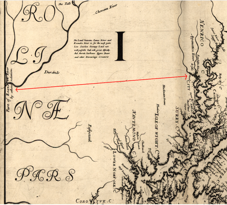 Augustine Herrrman's 1670 map (oriented with north to the right, and the Carolina/Virginia border on the left) shows almost no information for the territory between Abraham Wood's fort at the falls of the Appamattox River and the Roanoke River to the south