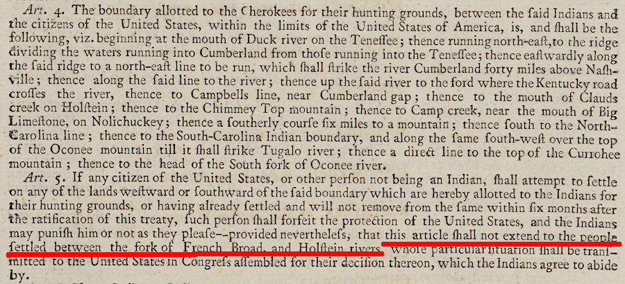 settlers occupying Cherokee land east of the Holston River were granted special consideration in the 1785 Treaty of Hopewell