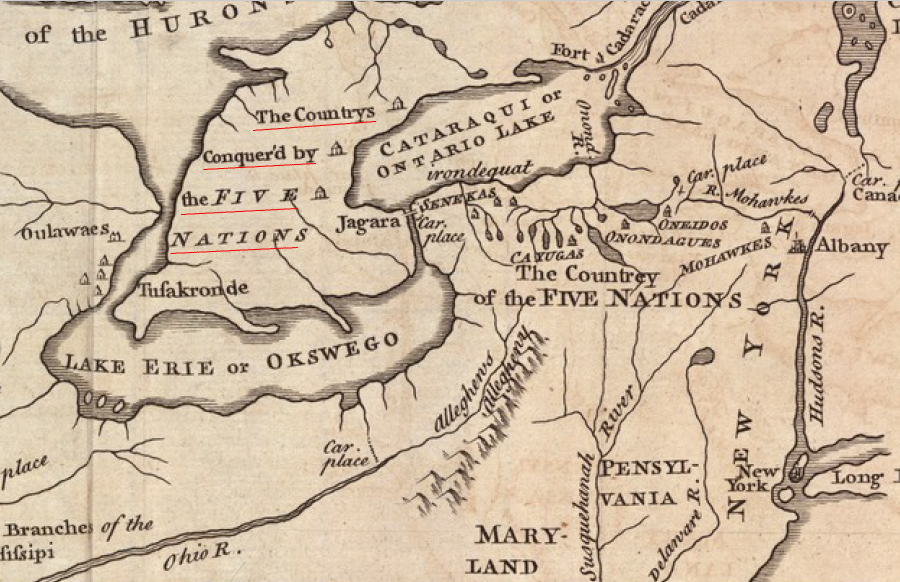in their diplomatic disputes with the French during the 1700's, the English claimed that they had gained control over the Iroquois and by Right of Conquest had the legal right to all lands under Iroquois control