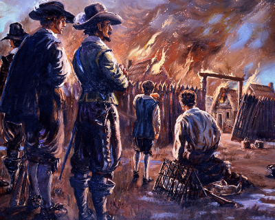 accidental burning of James Fort in January 1608, one of many events that could have resulted in the English abandoning Jamestown