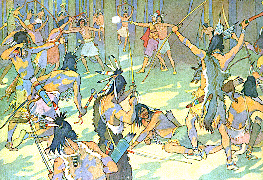 in these drawings of Smith being captured and released after intervention by Pocahontas, the Native Americans are costumed like Plains Indians