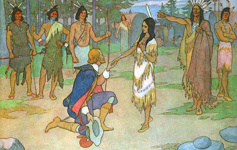 in these drawings of Smith being captured and released after intervention by Pocahontas, the Native Americans are costumed like Plains Indians