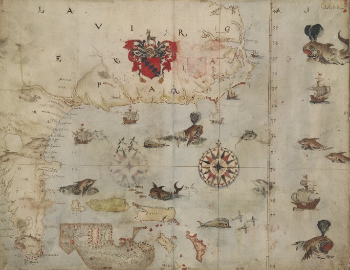 John White's paintings of the first English settlement in Virginia in 1585-86 included La Virginea Pars, a map of the southeastern seacoast from Florida to the Chesapeake Bay