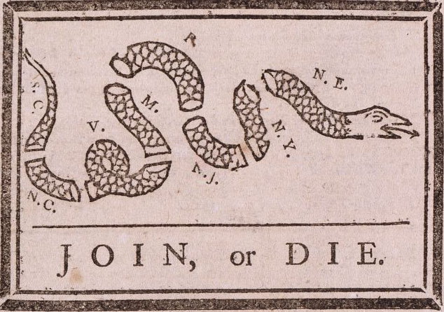 Benjamin Franklin illustrated his argument made at Albany in 1754 for a colonial union with a graphic editorial