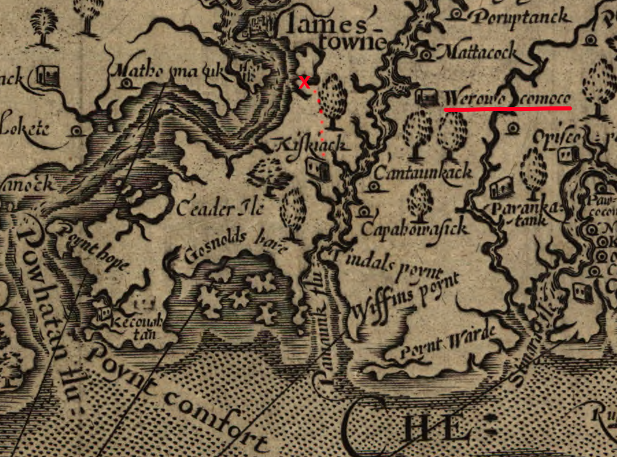 the Spanish walked from their 1570 landing site (x) across the Peninsula to Kiskiack, perhaps to be close to the Native American religious center at Werowocomoco