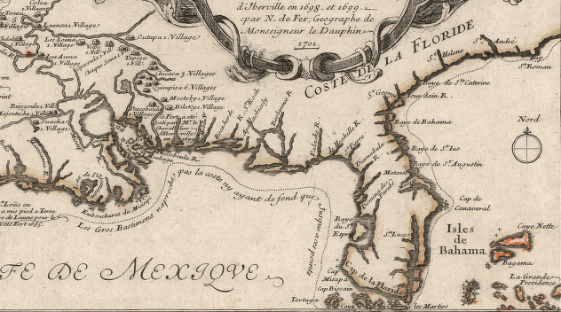 map of Native American villages along the Mississippi River/Gulf Coast, reflecting explorations of Rene-Robert Cavelier, Sieur de La Salle in the 1680's