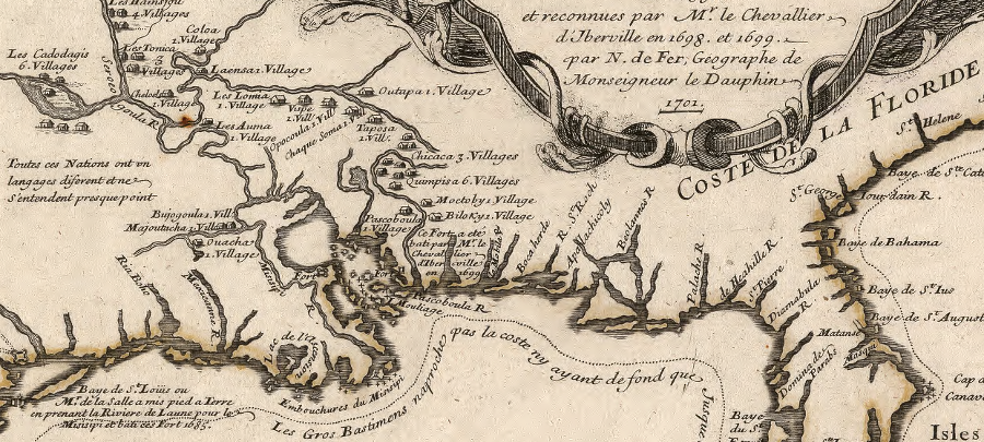 map of Native American villages along the Mississippi River/Gulf Coast, reflecting explorations of René-Robert Cavelier, Sieur de La Salle in the 1680's