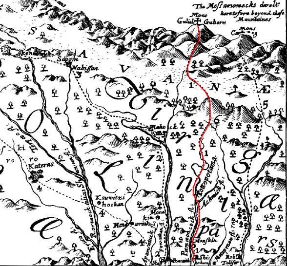 Lederer's first journey (red line) took him up the North Anna River