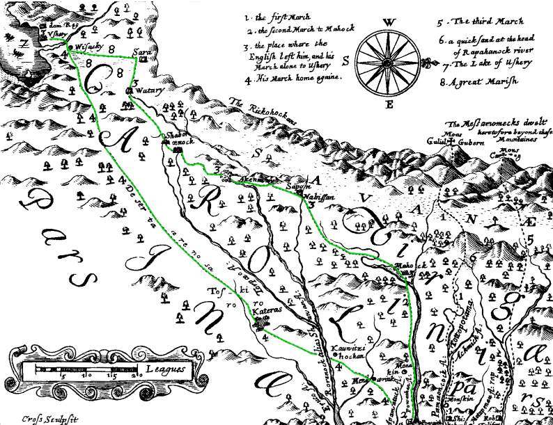 Lederer's second journey (green line) took him southwest through the Piedmont to the base of the Blue Ridge