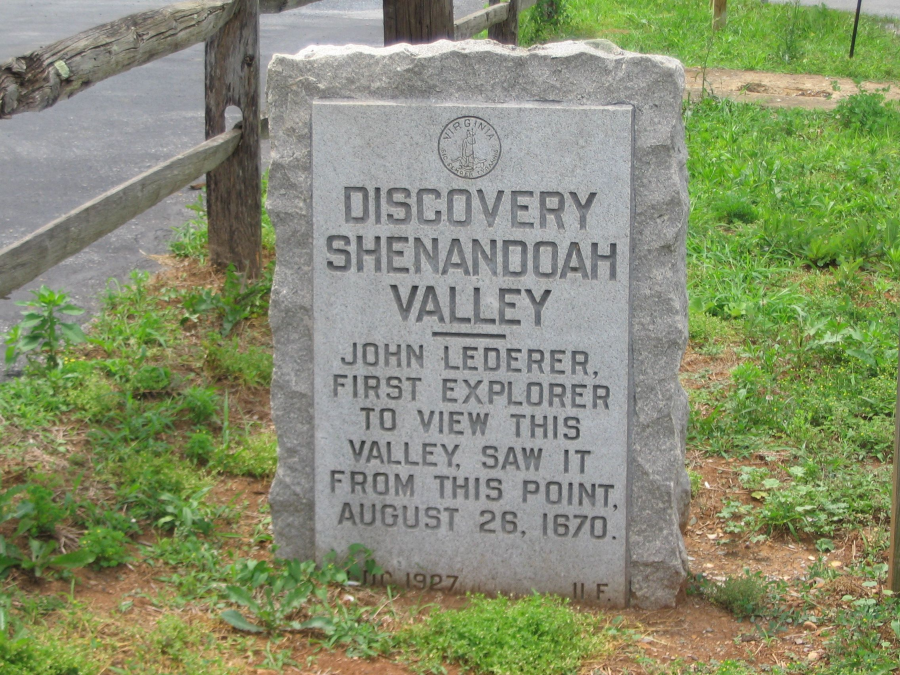 a marker at the headwaters of the West Branch of Thumb Run identifies one possible location where Lederer reached the crest of the Blue Ridge on his third journey in August, 1670