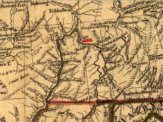 Location of Logstown (on French translation of New map of the western part of Virginia, Pennsylvania, Maryland, and North Carolina, 1778, by Thomas Hutchins