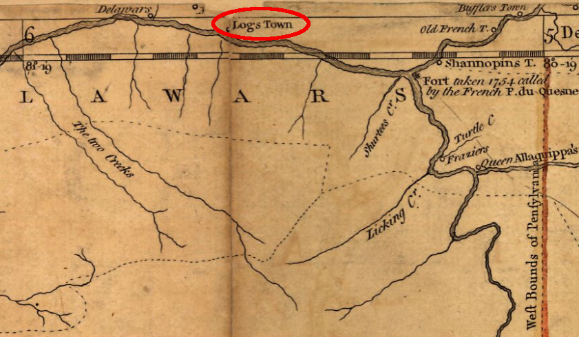 Logg's Town was established around 1748 by the Seneca headman Tanaghrisson, downstream from the Forks of the Ohio (where the French built Fort Duquesne)