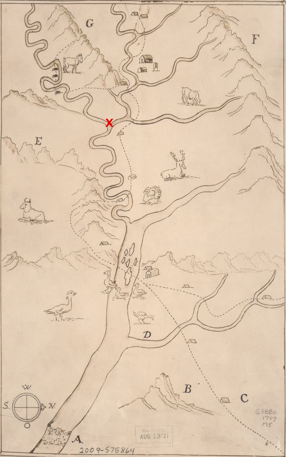 Franz Ludwig Michel documented the confluence of the North Fork and South Fork of the Shenandoah River (red X)