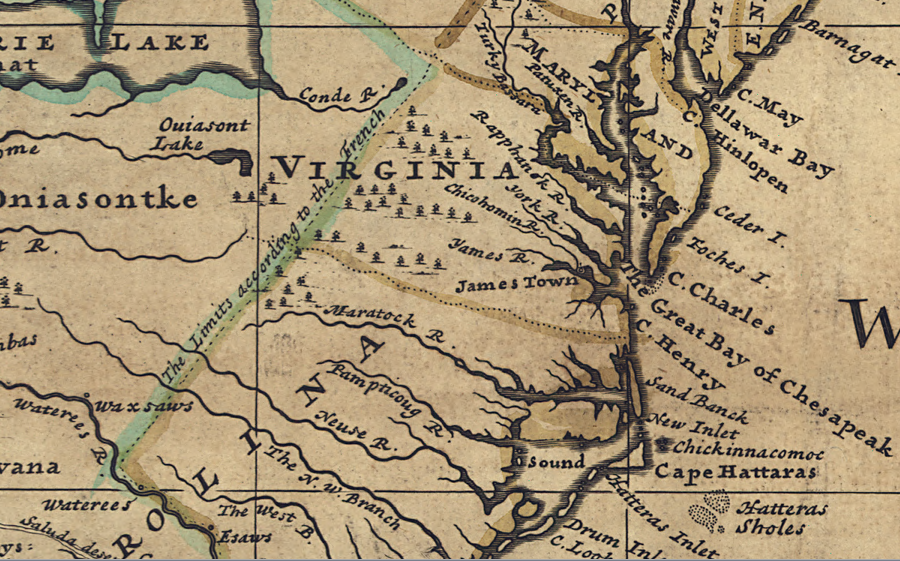 English cartographer Herman Moll highlighted the threat of French land claims west of the Blue Ridge in 1732
