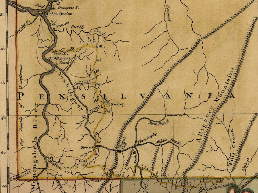 General Braddock marched from Cumberland to near Fort Duquesne in 1755, using Nemacolin's Path until turning north at the headwaters of Redstone Creek