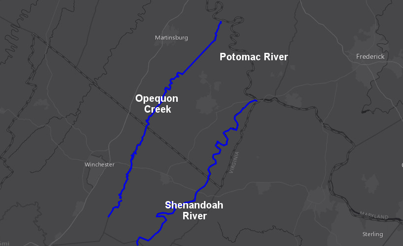 the 40,000 acres granted to the Van Meters were for lands west of the Shenandoah River, east of Opequon Creek, and south of the Potomac River