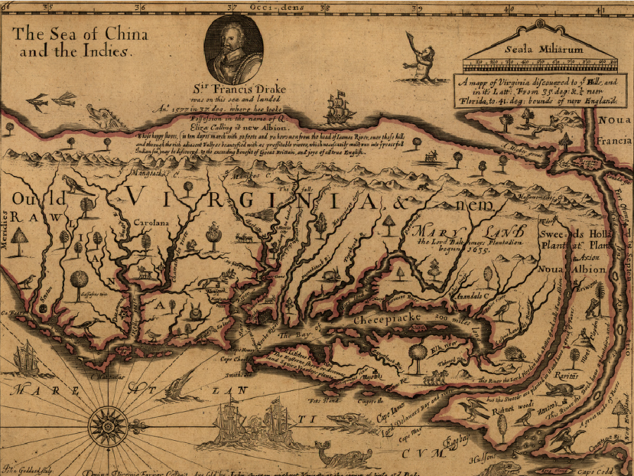 80 years after the attempt to settle at Roanoke Island, the English had a poor understanding of inland geography - John Ferrar's 1667 map indicated the Pacific Ocean was only a 10-day march from the headwaters of the James River