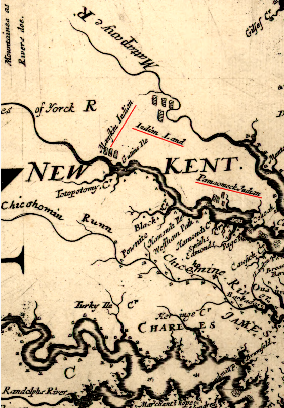 lands north of the Pamunkey River were reserved as Indian Land, populated with Monacan and Pamunkey towns according to a 1670 map
