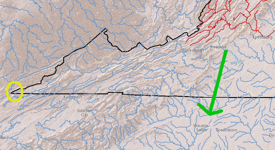 in the 1730's immigrants from Pennsylvania walked up the Shenandoah River and across the James River watershed (red) to the Roanoke River, where many moved southeast through a gap in the Blue Ridge to reach the Piedmont of Virginia/Carolina (green arrow) rather than follow the Wilderness Road through Cumberland Gap (yellow circle) into Kentucky