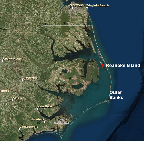 the first English colony was on Roanoke Island, sheltered from storms but difficult to access by ship
