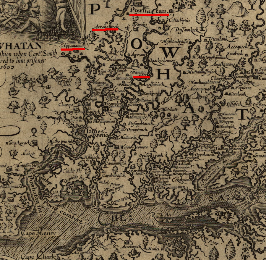John Smith's map did not show towns for two of the original six tribes over which Powhatan inherited control - Youghtannund and Mattaponi