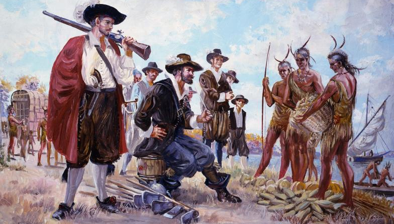 leadership at Jamestown was often ineffective, but John Smith (sitting on barrel) is credited with savvy negotiations with Powhatan and leaders of other tribes to obtain essential food