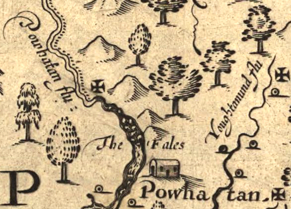 location of Parahunt's town at the falls of the James River - Powhatan flu[vial]