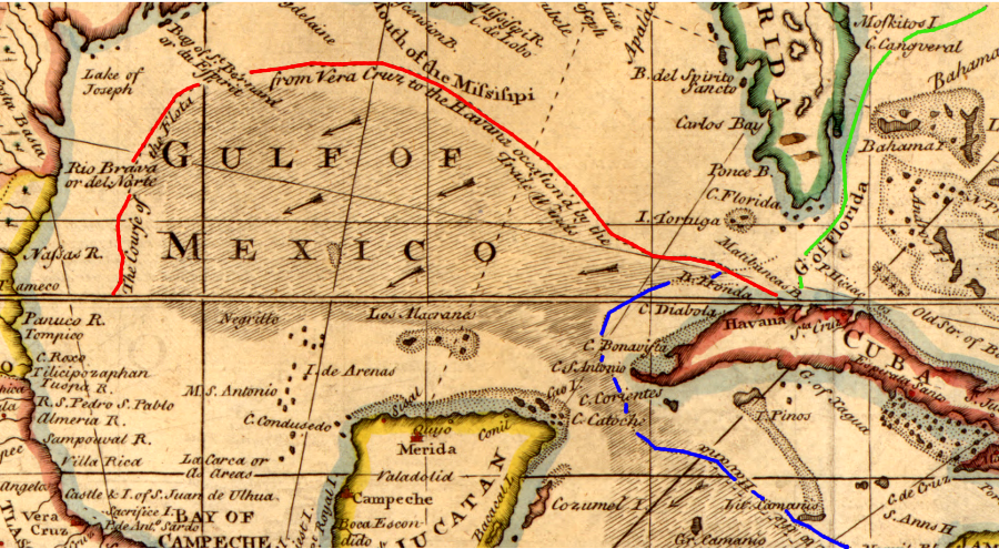 the annual treasure fleet that sailed to Spain assembled at Havana, combining ships that had left Vera Cruz loaded with Mexican silver and goods from Manila (red line) with ships that had left Panama loaded with Peruvian silver (red line) before the Flota de Indias sailed from Havana to Spain (green line)