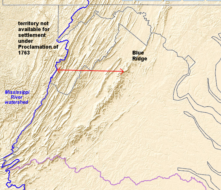 the French and Indian War made 60 miles of backcountry (shown by red line), from the Blue Ridge to the boundary line established by the Proclamation of 1763, safer for settlement
