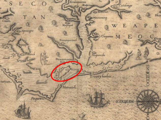 location of Roanoke Colony on White-De Bry Map of Virginia