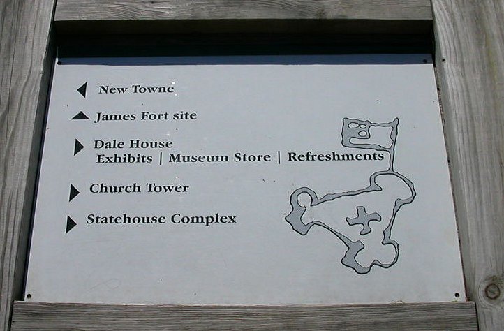 map of Jamestown fort (used on modern interpretive sign) originally obtained through a spy by Spanish Ambassador Zuniga in London