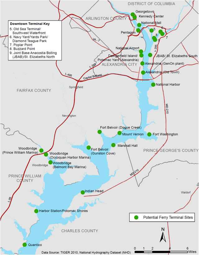 in 2015, the Northern Virginia Regional Commission explored 26 possible terminal sites for a commuter ferry on the Potomac River