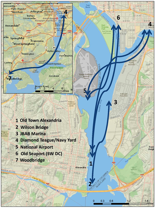 in 2015, the Northern Virginia Regional Commission considered possible ferry corridors on the Potomac River, and the longer-distance commuter corridor from Woodbridge was not defined as feasible