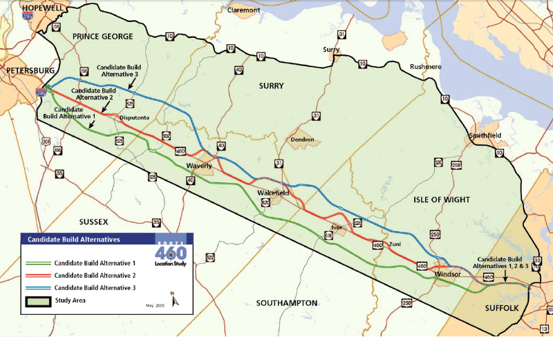 alternatives considered during Gov. McDonnell's administration for building a new road parallel to US 460 (green line south of current US 460 was alternative preferred by VDOT while red line avoiding most wetlands was Corps of Engineers preferred route)