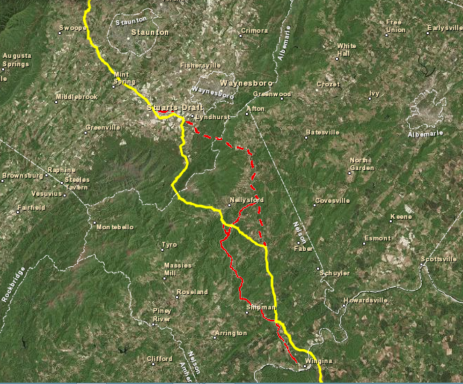 the proposed Atlantic Coast Pipeline route through Nelson County was altered after community reaction (red line shows previous proposed routes)