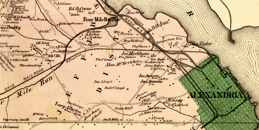 rail lines connecting to Alexandria in 1878: Alexandria and Washington Railroad crossing Potomac River, the Washington and Ohio (previously the AL&H, later the W&OD) stretching to Purcellville in Loudoun County, and the old Orange and Alexandria Railroad leading to Manassas