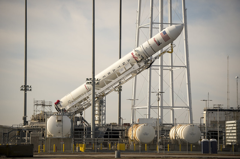 lifting an Antares rocket into launch position at launch Pad-0A in 2013