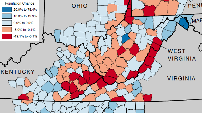 population declined in Buchanan, Dickenson, and many nearby Appalachian counties between 2000-2010, while Virginia's overall population grew by 13% in that decade