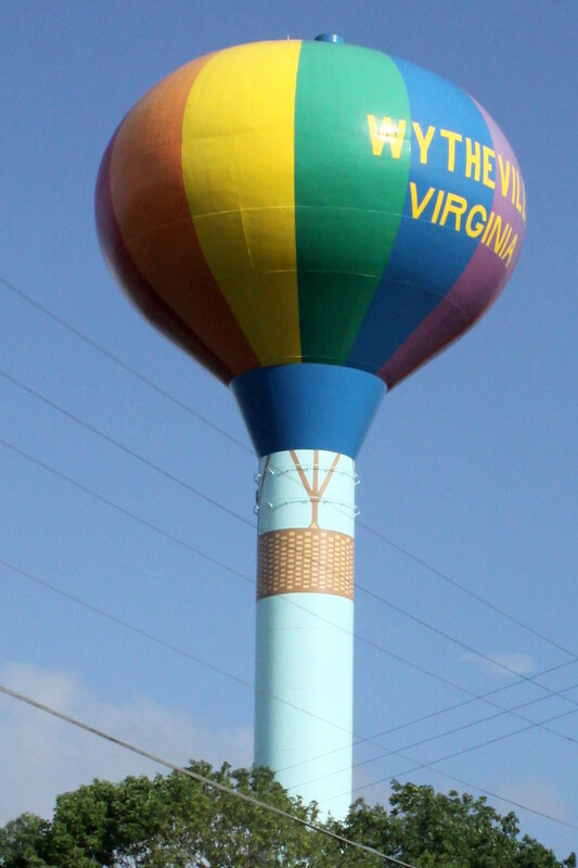 the water tower at Wytheville is painted to resemble a hot air balloon