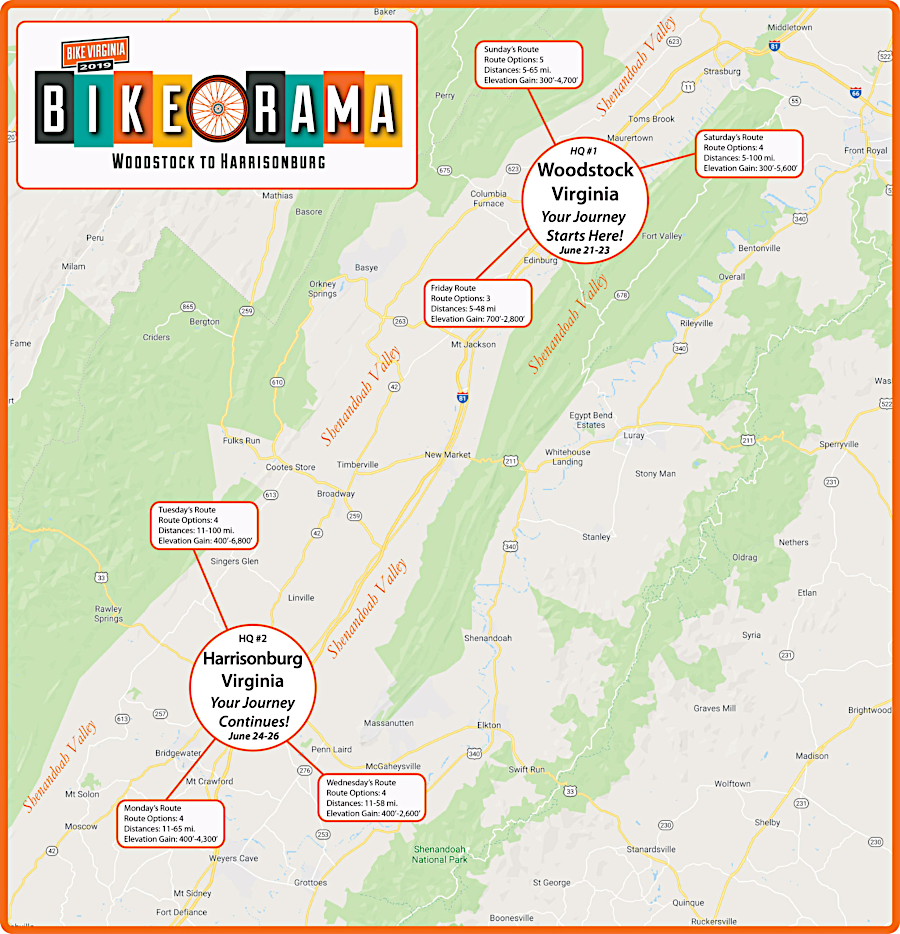 the 2019 Bike Virginia routes were centered on Woodstock and Harrisonburg