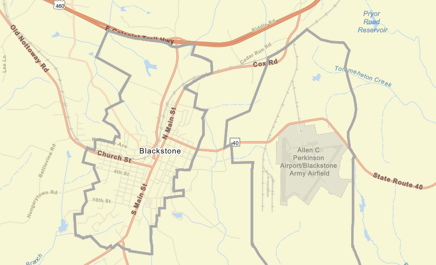 Allen C. Perkinson Airport (Blackstone Army Airfield) is located outside the boundaries of the Town of Blackstone