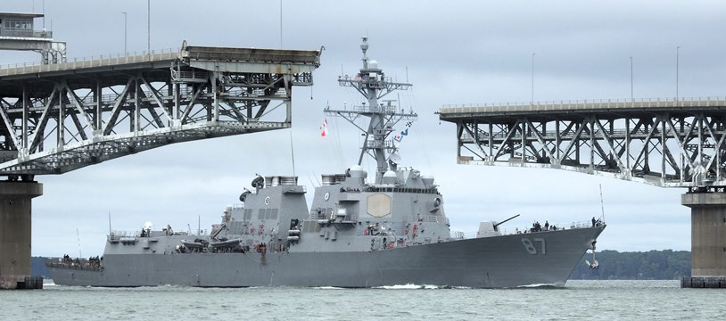 US Navy ships pass through the open spans of the George P. Coleman Memorial Bridge to reach Naval Weapons Station Yorktown and Cheatham Annex