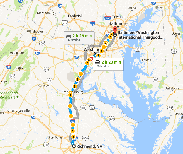 Baltimore-Washington Airport (BWI) provides driving directions for passengers who might come from Richmond, though the traffic on I-95 might deter customers