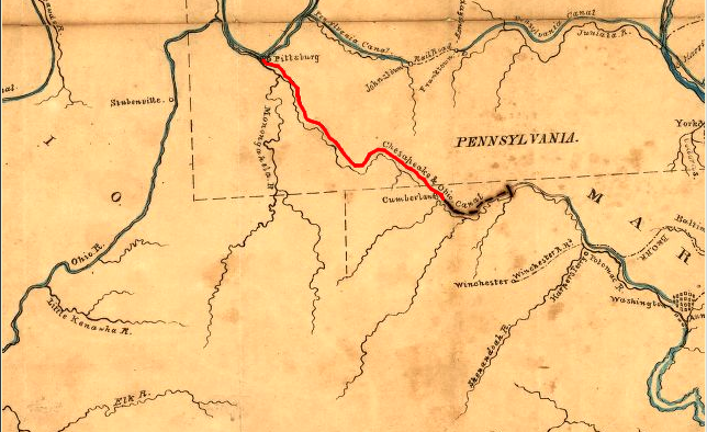 planned route of C&O Canal, showing unbuilt section (in red) between Cumberland and Pittsburgh