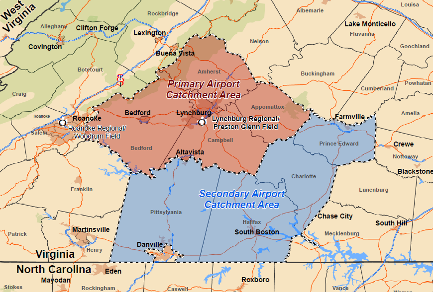 in the secondary catchment area, customers can choose to use a North Carolina airport unless service from Lynchburg Regional Airport (LYH) is more convenient or less expensive