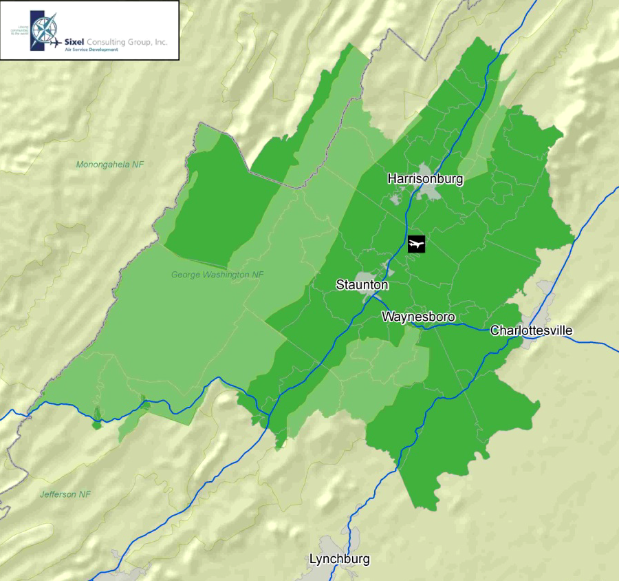 one definition of the Shenandoah Valley Regional Airport (SHD) catchment area includes Highland, Bath, and the northern half of Alleghany County - but much of the western portion is the George Washington National Forest