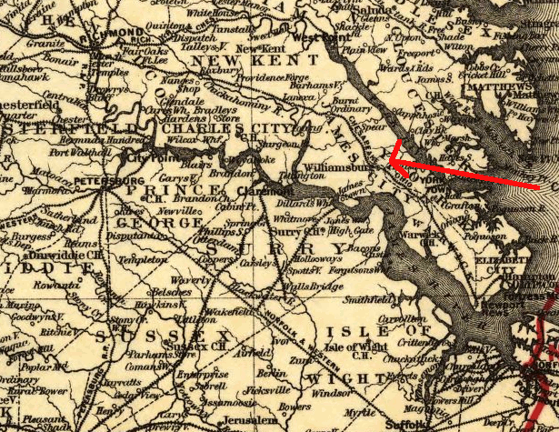 Chesapeake and Ohio (C&O, now CSX) route down the Peninsula to Newport News